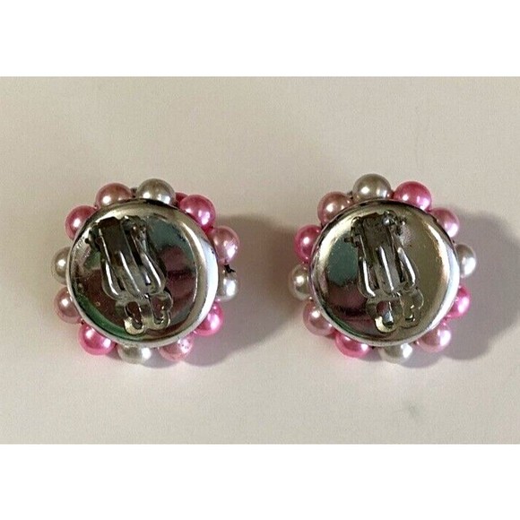 Vintage Round Cluster Clip Earrings Pink White Silver Beads - Picture 6 of 6